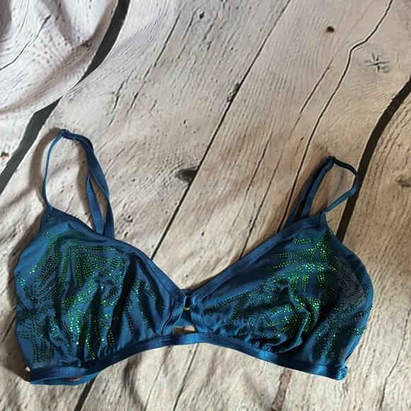 Victoria’s Secret Womens Very Sexy Unlined Blue Bralette Green Crystals Sz L EUC - Picture 1 of 7